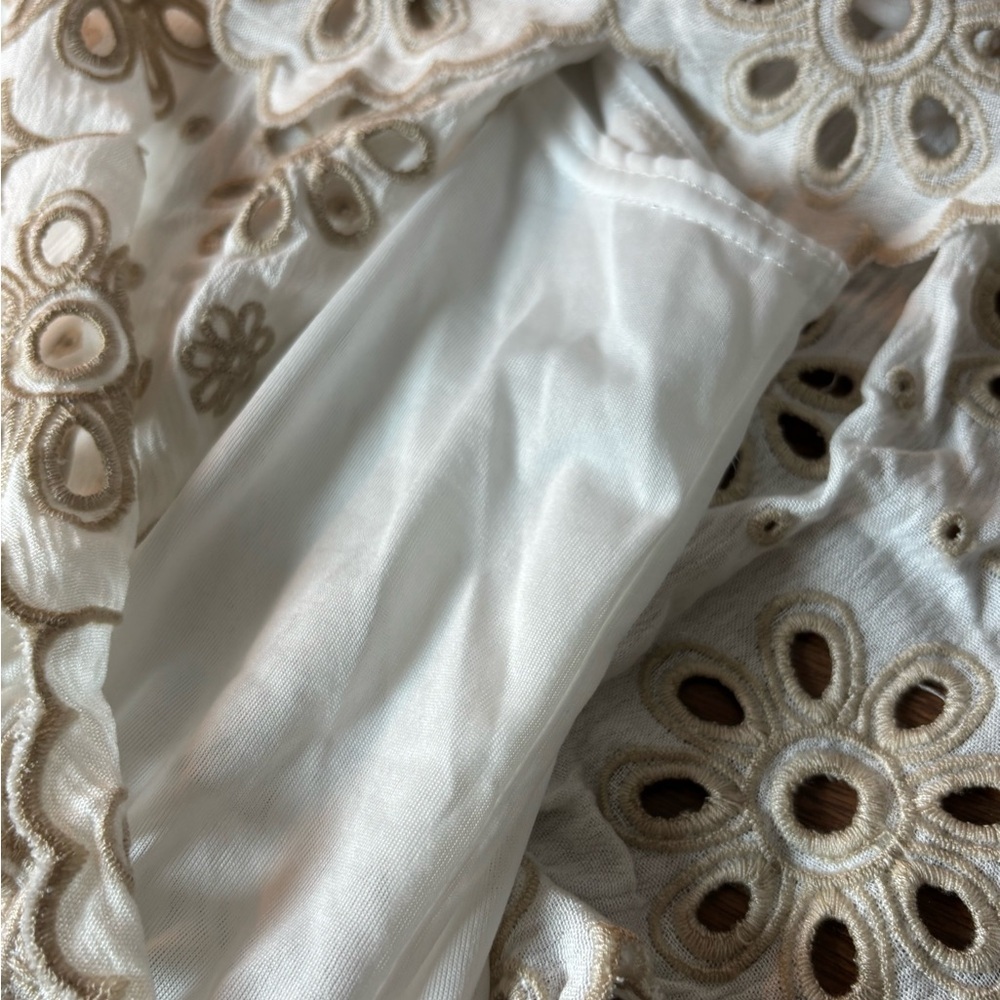 Cato White Eyelet Embroidered Peasant Tunic with Beige Accents - Picture 10 of 11